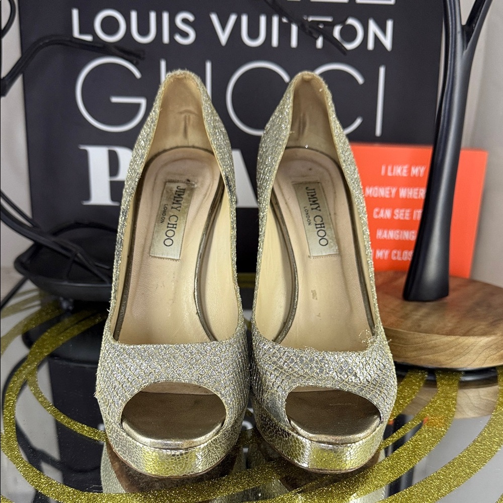 Jimmy Choo Shimmering Silver and Gold Heels 38 = 7.5/8 - Picture 3 of 9